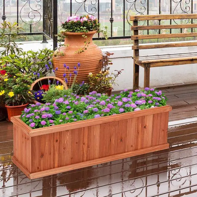 Alt view image 6 of 7 - LDAILY Raised Garden Bed, Outdoor Rectangle Flower Beds with Detachable Bottom Panels & 2 Drainage Holes, Wood Planter Box for Flowers/Vegetables/Fruits in Backyard Patio (28" L x 9 W x 10 H)