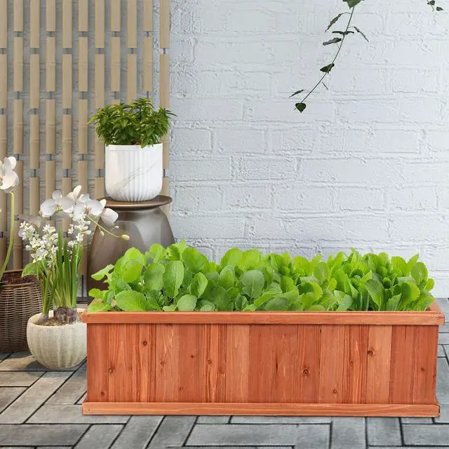 Alt view image 7 of 7 - LDAILY Raised Garden Bed, Outdoor Rectangle Flower Beds with Detachable Bottom Panels & 2 Drainage Holes, Wood Planter Box for Flowers/Vegetables/Fruits in Backyard Patio (28" L x 9 W x 10 H)