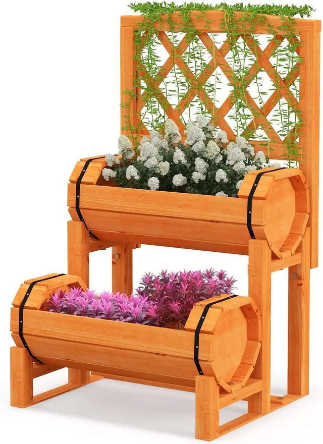 Main image of S AFSTAR 2 Tier Raised Garden Bed with Trellis, Wooden Planter Box with Diamond Lattice Trellis, Elevated Planter Bed for Vine Climbing Plants Flowers, Rise Garden Bed for Yard Balcony Patio, Orange