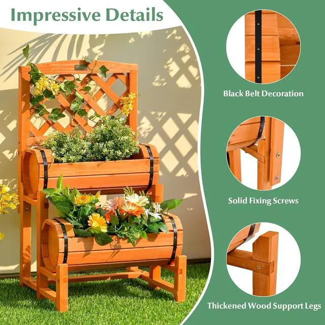 Alt view image 4 of 7 - S AFSTAR 2 Tier Raised Garden Bed with Trellis, Wooden Planter Box with Diamond Lattice Trellis, Elevated Planter Bed for Vine Climbing Plants Flowers, Rise Garden Bed for Yard Balcony Patio, Orange