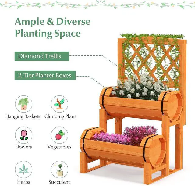 Alt view image 5 of 7 - S AFSTAR 2 Tier Raised Garden Bed with Trellis, Wooden Planter Box with Diamond Lattice Trellis, Elevated Planter Bed for Vine Climbing Plants Flowers, Rise Garden Bed for Yard Balcony Patio, Orange
