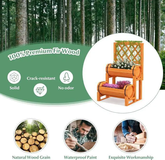 Alt view image 6 of 7 - S AFSTAR 2 Tier Raised Garden Bed with Trellis, Wooden Planter Box with Diamond Lattice Trellis, Elevated Planter Bed for Vine Climbing Plants Flowers, Rise Garden Bed for Yard Balcony Patio, Orange