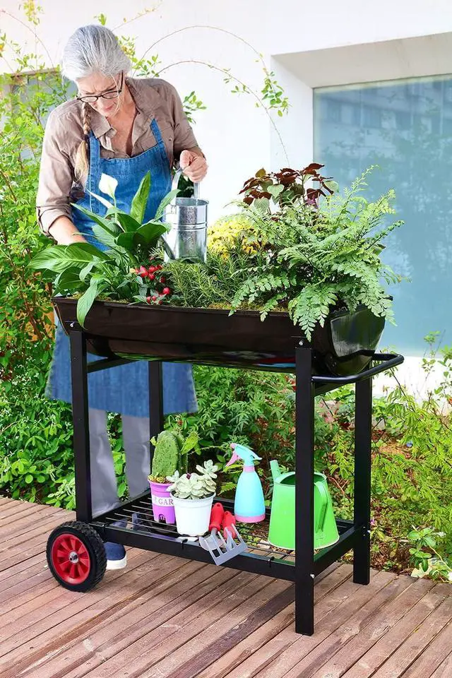 Alt view image 6 of 7 - Aveyas Metal Raised Planter Box on Wheels with Gardening Kit, Elevated, Mobile Garden Bed Cart with Legs -Compatible with Indoor & Outdoor Patio, Backyard Planting of Vegetables, Herbs, Flowers