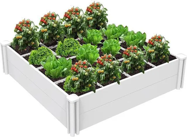 Main image of Raised Garden Bed Kit 4'x4' Outdoor Above Ground Planter Box for Growing Vegetables Flowers Herbs, DIY Gardening, Whelping Pen and More, Screwless White Vinyl Garden Bed with Grid