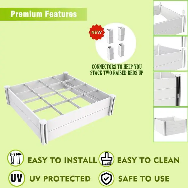 Alt view image 2 of 7 - Raised Garden Bed Kit 4'x4' Outdoor Above Ground Planter Box for Growing Vegetables Flowers Herbs, DIY Gardening, Whelping Pen and More, Screwless White Vinyl Garden Bed with Grid