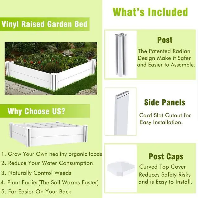 Alt view image 3 of 7 - Raised Garden Bed Kit 4'x4' Outdoor Above Ground Planter Box for Growing Vegetables Flowers Herbs, DIY Gardening, Whelping Pen and More, Screwless White Vinyl Garden Bed with Grid