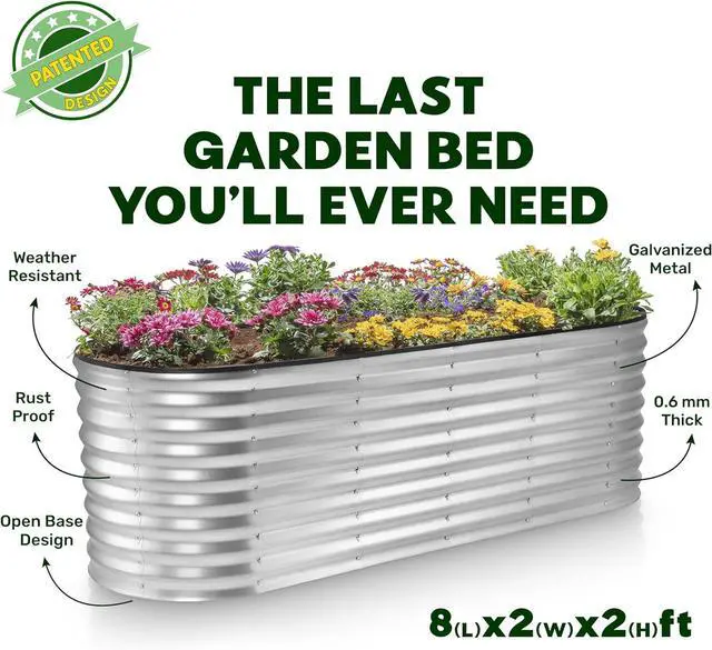 Alt view image 5 of 7 - Galvanized Raised Garden Beds Outdoor // 8×2×2 ft Planter Raised Beds for Gardening, Vegetables, Flowers // Large Metal Garden Box (Silver) // Patented Tool-Free Design