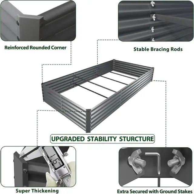 Alt view image 6 of 6 - A ANLEOLIFE 8X4X1.5ft Galvanized Raised Garden Bed Kit, Rectangular Large Metal Deep Root Planters for Outdoor Plants Vegetables Flowers Herb, 359 Gallon Capacity- Quartz Grey