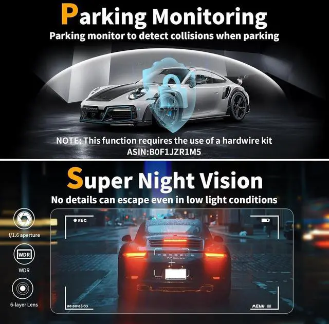 Alt view image 7 of 7 - Dash Cam Front and Rear: 4K Dual Channel Dash Cam - 5GHz WiFi, Dash Camera for Cars with 64GB Card, 2" IPS, App Control, G-Sensor, Loop Recording, 170° Wide Angle, Night Vision, 24H Parking Mode