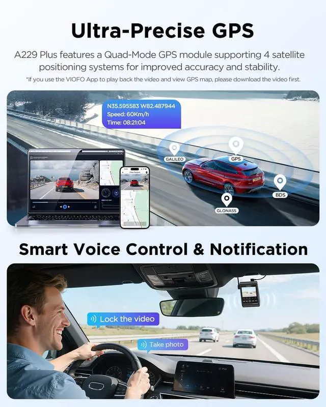 Alt view image 6 of 7 - VIOFO A229 Plus Dash Cam Front and Rear, Dual STARVIS 2 Sensors, 2 Channel HDR, 1440P+1440P Voice Control Car Dash Camera, 5GHz Wi-Fi, Support 512GB Max, Voice Control, Ultra-Precise GPS