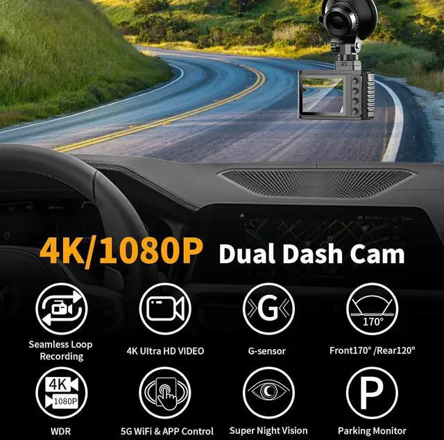 Alt view image 2 of 7 - Dash Cam Front and Rear: 4K Dual Channel Dash Cam - 5GHz WiFi, Dash Camera for Cars with 64GB Card, 2" IPS, App Control, G-Sensor, Loop Recording, 170° Wide Angle, Night Vision, 24H Parking Mode
