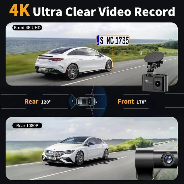 Alt view image 3 of 7 - Dash Cam Front and Rear: 4K Dual Channel Dash Cam - 5GHz WiFi, Dash Camera for Cars with 64GB Card, 2" IPS, App Control, G-Sensor, Loop Recording, 170° Wide Angle, Night Vision, 24H Parking Mode