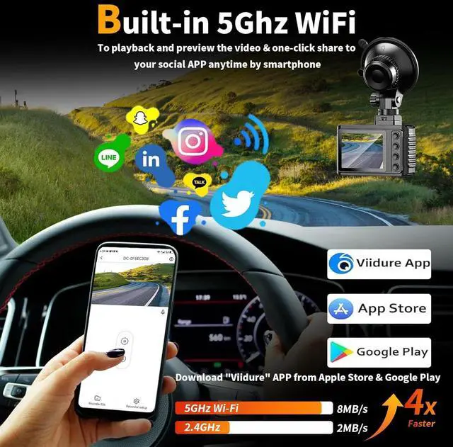 Alt view image 4 of 7 - Dash Cam Front and Rear: 4K Dual Channel Dash Cam - 5GHz WiFi, Dash Camera for Cars with 64GB Card, 2" IPS, App Control, G-Sensor, Loop Recording, 170° Wide Angle, Night Vision, 24H Parking Mode