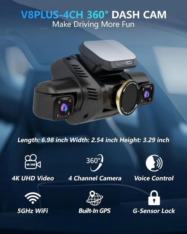 Alt view image 3 of 7 - Dash Cam 4 Channel Front and Rear Inside, 360° Car Camera 4K UHD, Dash Camera for Cars Built-in Wi-Fi GPS, Dashcam with 64GB Card, Voice Control, CPL Filter, WDR Night Vision, 24H Parking Mode(V8PLUS)