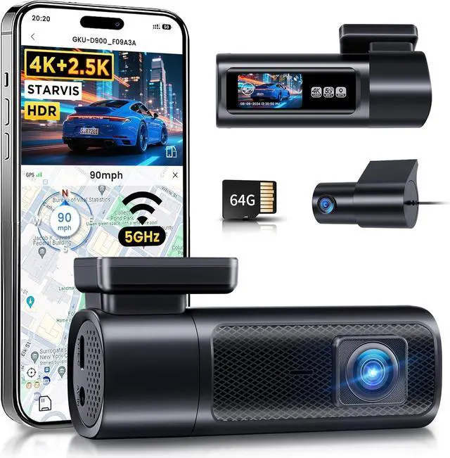 Main image of GKU Dash Cam Front and Rear, 4K 60fps2.5k Dashcam,STARVIS Sensor, HDR, 5G WiFi GPS, 24H Parking Mode, Night Vision, 170°Wide Angle, Dash Camera for Cars with 1.47 Display, 64G SDcard (Midnight)