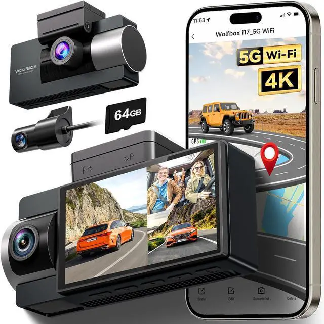 Main image of WOLFBOX i17 4K 3 Channel Dash Cam, 5.8GHz WiFi & GPS with 64GB Card, 4K+1080P+1080P Dash Cam Front and Rear Inside, Triple Car Camera with 3 Inch Screen, IR Night Vision, WDR, 24H Parking Mode
