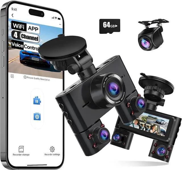 Main image of 360° Dash Cam Front and Rear Inside, 4 Channel Dash Camera for Cars FHD 1080Px4, Built-in Wi-Fi, 3.16 IPS Screen, WDR Night Vision, Voice Control, Included 64GB Card, 24H Parking Mode