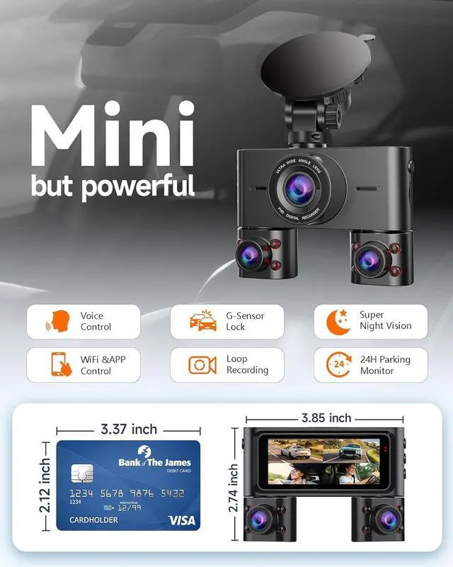 Alt view image 2 of 7 - 360° Dash Cam Front and Rear Inside, 4 Channel Dash Camera for Cars FHD 1080Px4, Built-in Wi-Fi, 3.16 IPS Screen, WDR Night Vision, Voice Control, Included 64GB Card, 24H Parking Mode