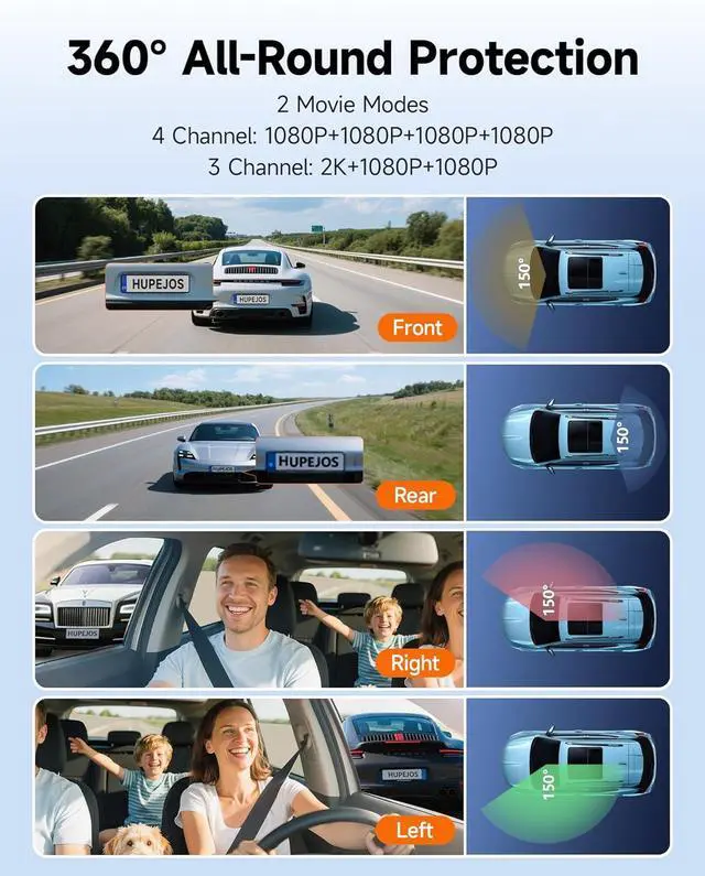 Alt view image 3 of 7 - 360° Dash Cam Front and Rear Inside, 4 Channel Dash Camera for Cars FHD 1080Px4, Built-in Wi-Fi, 3.16 IPS Screen, WDR Night Vision, Voice Control, Included 64GB Card, 24H Parking Mode