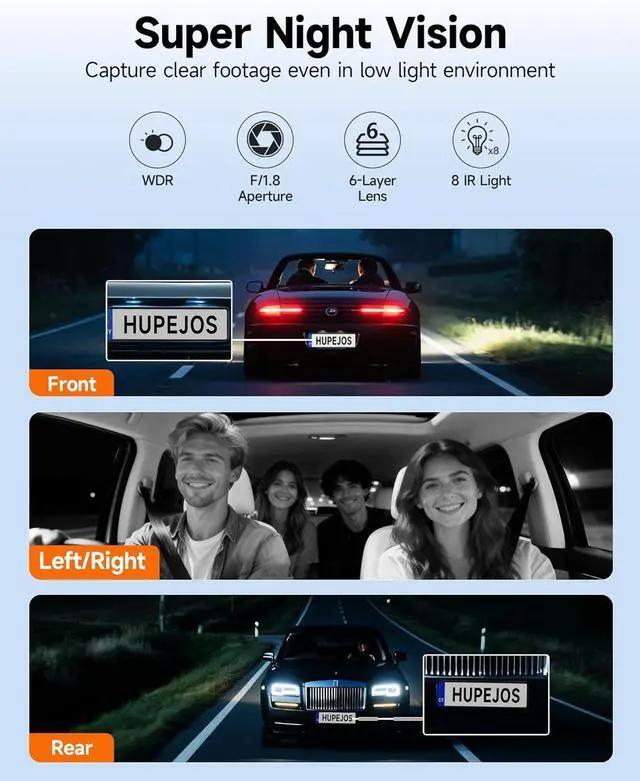 Alt view image 4 of 7 - 360° Dash Cam Front and Rear Inside, 4 Channel Dash Camera for Cars FHD 1080Px4, Built-in Wi-Fi, 3.16 IPS Screen, WDR Night Vision, Voice Control, Included 64GB Card, 24H Parking Mode