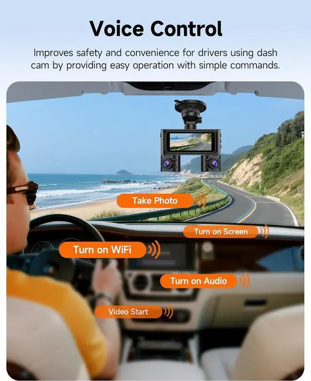 Alt view image 7 of 7 - 360° Dash Cam Front and Rear Inside, 4 Channel Dash Camera for Cars FHD 1080Px4, Built-in Wi-Fi, 3.16 IPS Screen, WDR Night Vision, Voice Control, Included 64GB Card, 24H Parking Mode