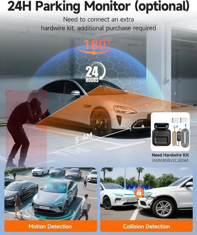 Alt view image 6 of 7 - 360° Dash Cam Front and Rear Inside, 4 Channel Dash Camera for Cars FHD 1080Px4, Built-in Wi-Fi, 3.16 IPS Screen, WDR Night Vision, Voice Control, Included 64GB Card, 24H Parking Mode