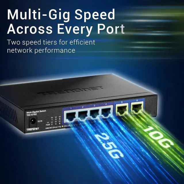 Alt view image 4 of 7 - TRENDnet 6-Port 10G Switch, 4 x 2.5G RJ-45 Base-T Ports, 2 x 10G RJ-45 Ports, 60Gbps Switching Capacity, Wall Mountable, 10 Gigabit Network Connections, Lifetime Protection, Black, TEG-S762