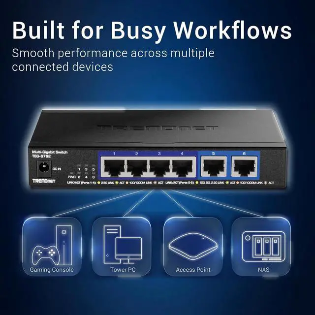 Alt view image 6 of 7 - TRENDnet 6-Port 10G Switch, 4 x 2.5G RJ-45 Base-T Ports, 2 x 10G RJ-45 Ports, 60Gbps Switching Capacity, Wall Mountable, 10 Gigabit Network Connections, Lifetime Protection, Black, TEG-S762