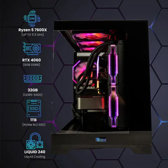Alt view image 2 of 6 - Hyper Cyber Rage Q Liquid Cool Gaming Desktop - AMD Ryzen 5 7600X, NVIDIA GeForce RTX 4060 8GB, DDR5-6400 RGB 32GB, 1TB NVMe M.2 SSD, Windows 11, WiFi, Xtreme VR