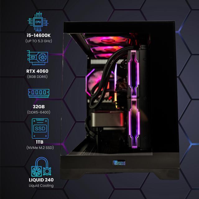 Alt view image 2 of 6 - Hyper Cyber Rage Q Liquid Cool Gaming Desktop - Intel Core i5-14600K, NVIDIA GeForce RTX 4060 8GB, DDR5-6400 RGB 32GB, 1TB NVMe M.2 SSD, Windows 11, WiFi, Xtreme VR