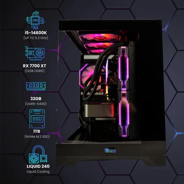 Alt view image 2 of 6 - Hyper Cyber Rage Q Liquid Cool Gaming Desktop - Intel Core i5-14600K, AMD Radeon RX 7700 XT 12GB, DDR5-6400 RGB 32GB, 1TB NVMe M.2 SSD, Windows 11, WiFi, Xtreme VR