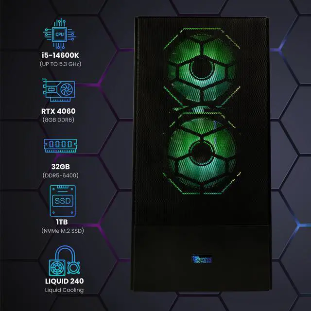 Alt view image 2 of 6 - Hyper Cyber Rage W Liquid Cool Gaming Desktop - Intel Core i5-14600K, NVIDIA GeForce RTX 4060 8GB GDDR6X, DDR5-6400 RGB 32GB, 1TB NVMe M.2 SSD, Windows 11, WiFi, Xtreme VR