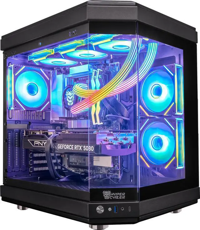 Main image of Hyper Cyber ULTRA BLACK Gaming Desktop AMD Ryzen 7 9800X3D, NVIDIA GeForce RTX 5080, 64GB DDR5, 1TB SSD, Windows 11 Home, RGB Lighting, WiFi, Ready to Use, Custom Cooler Display