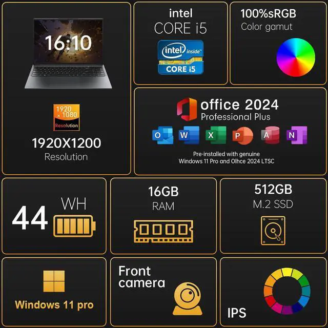 Alt view image 2 of 6 - TPV 16" Laptop Computer Intel Core i5 Processor, Windows 11 Pro Laptop 16GB(8+8) RAM 512GB SSD, 1920 x 1200 FHD 16:10 Display, MS Office 2024, Notebook with Backlit Keyboard, WiFi, BT5.0, RJ45, HDMI