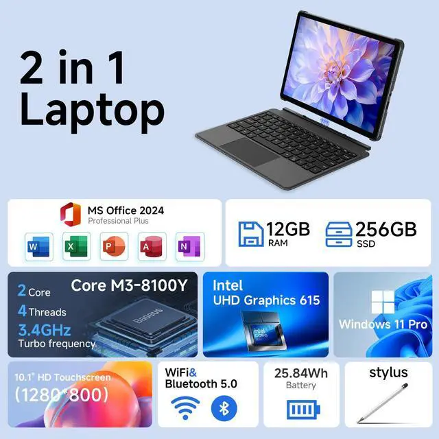 Alt view image 2 of 7 - TPV 10.1" 2 in 1 Tablet/Laptop Computer, 12GB RAM+256GB SSD, Windows 11 Tablet Touchscreen with Stylus and Keyboard, Intel M3-8100Y Processor(up to 3.40GHz), WiFi 5, BT 5, HDMI, Dual Camera, Gray