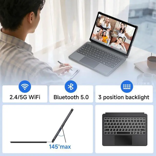 Alt view image 6 of 7 - TPV 10.1" 2 in 1 Tablet/Laptop Computer, 12GB RAM+256GB SSD, Windows 11 Tablet Touchscreen with Stylus and Keyboard, Intel M3-8100Y Processor(up to 3.40GHz), WiFi 5, BT 5, HDMI, Dual Camera, Gray