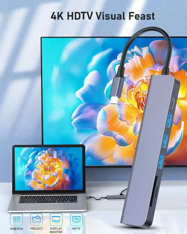 Alt view image 2 of 6 - Duomigo 7-in-1 USB C hub Type-c hub4K/30Hz HDTV PD 100W USB3.0*3 SD/TF Card Reader Adapter MacBook Pro/Air Mac laptops More Port