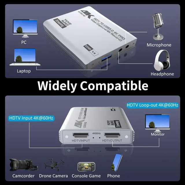 Alt view image 2 of 7 - Duomigo USB 3.0 4K HDTV Video Capture Card with Loop-Out, 1080P 60FPS/2K 30FPS, Audio Video Capture for Computer Gaming, Compatible with PS5, Switch, Xbox ,Camera, PC, OBS