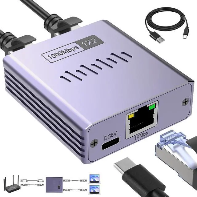 Main image of Duomigo Ethernet Splitter 1 to 2, 1000Mbps High-Speed RJ45 Splitter, Ultra Slim Aluminum Case, Gigabit LAN Splitter with USB-C Power for Cat5/6/7/8 Cables