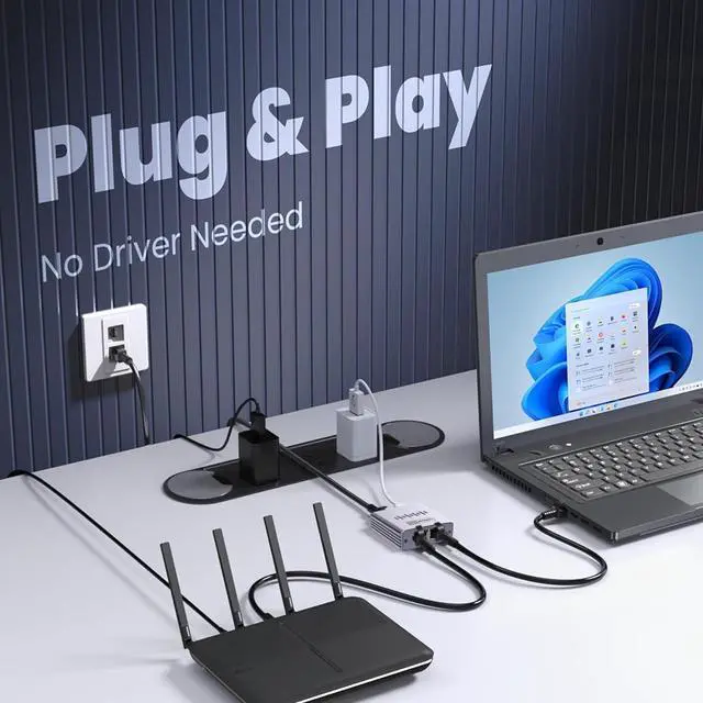 Alt view image 2 of 6 - Duomigo Ethernet Splitter 1 to 2, 1000Mbps High-Speed RJ45 Splitter, Ultra Slim Aluminum Case, Gigabit LAN Splitter with USB-C Power for Cat5/6/7/8 Cables