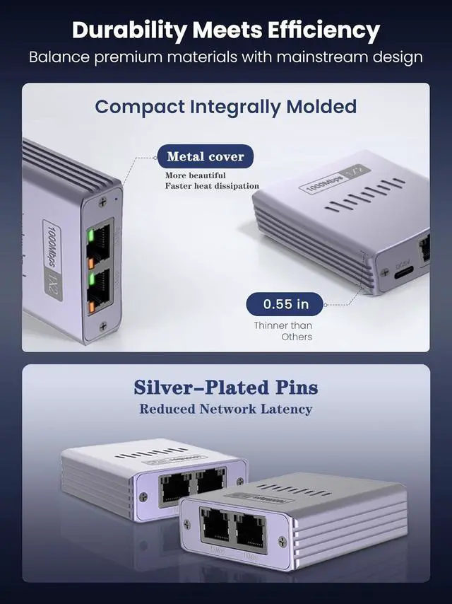 Alt view image 4 of 6 - Duomigo Ethernet Splitter 1 to 2, 1000Mbps High-Speed RJ45 Splitter, Ultra Slim Aluminum Case, Gigabit LAN Splitter with USB-C Power for Cat5/6/7/8 Cables