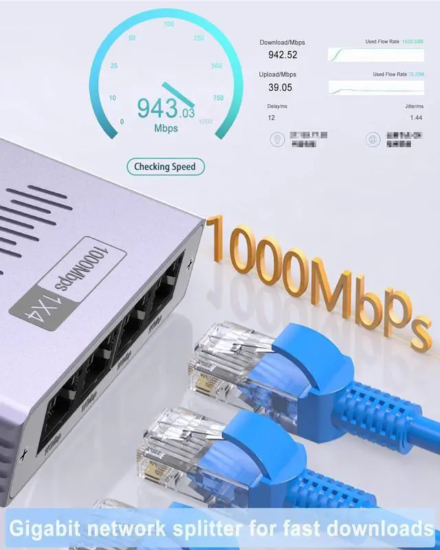 Alt view image 7 of 7 - Duomigo Gigabit Ethernet Splitter 1 to 4, 1000Mbps High Speed LAN Splitter with USB Power, 4 Devices Simultaneous Network for Cat5/5e/6/7/8 Cables