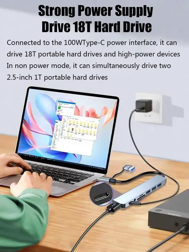 Alt view image 3 of 7 - Duomigo 8 in 1 USB C Hub Splitter, 4 USB Ports, 1 USB-C Jack, TF/SD Card Reader, 3.5mm Audio Output,Compatible with MacBook Pro, iPad Pro,Laptops