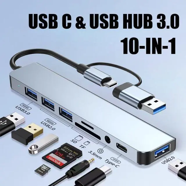 Alt view image 4 of 7 - Duomigo 8 in 1 USB C Hub Splitter, 4 USB Ports, 1 USB-C Jack, TF/SD Card Reader, 3.5mm Audio Output,Compatible with MacBook Pro, iPad Pro,Laptops