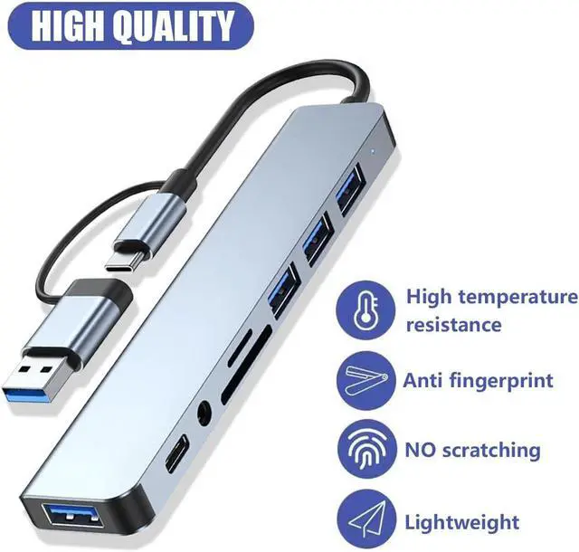 Alt view image 7 of 7 - Duomigo 8 in 1 USB C Hub Splitter, 4 USB Ports, 1 USB-C Jack, TF/SD Card Reader, 3.5mm Audio Output,Compatible with MacBook Pro, iPad Pro,Laptops