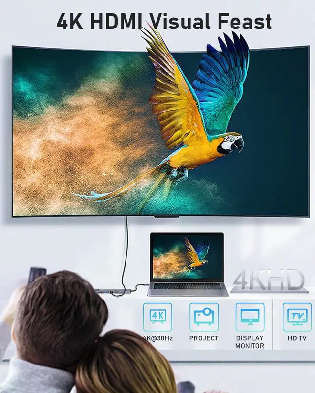 Alt view image 2 of 6 - Duomigo USB C Hub Ethernet,8 in 1 Type C Hub Dongle with HDTV 4K@30Hz, RJ45 Ethernet,100W Power Delivery, SD/TF Card Reader, 2 USB Ports, USB Type C Hub for MacBook Pro Air and More