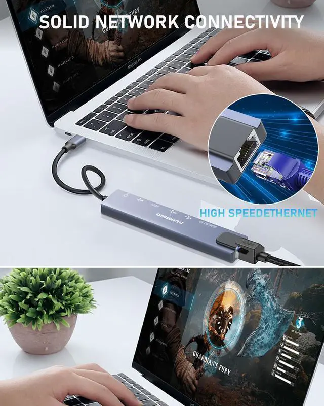 Alt view image 3 of 6 - Duomigo USB C Hub Ethernet,8 in 1 Type C Hub Dongle with HDTV 4K@30Hz, RJ45 Ethernet,100W Power Delivery, SD/TF Card Reader, 2 USB Ports, USB Type C Hub for MacBook Pro Air and More