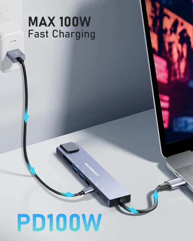 Alt view image 5 of 6 - Duomigo USB C Hub Ethernet,8 in 1 Type C Hub Dongle with HDTV 4K@30Hz, RJ45 Ethernet,100W Power Delivery, SD/TF Card Reader, 2 USB Ports, USB Type C Hub for MacBook Pro Air and More