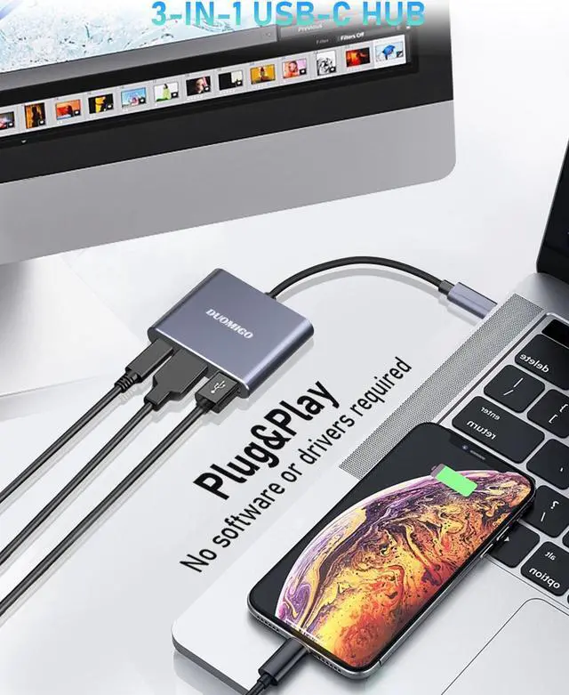 Alt view image 2 of 6 - Duomigo USB C Hub To HDTV Adapter, USB Hub 4K Video and Audio Converter. USB Hub with PD 100W Fast Charging and USB 3.0 Port 10Gbps
