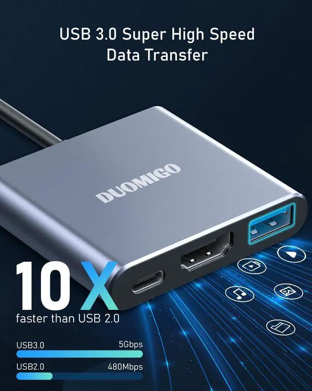 Alt view image 4 of 6 - Duomigo USB C Hub To HDTV Adapter, USB Hub 4K Video and Audio Converter. USB Hub with PD 100W Fast Charging and USB 3.0 Port 10Gbps
